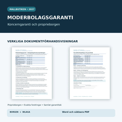 Förhandsvisning av svenska Wordmallar för moderbolagsgaranti och specifik fordringsbilaga