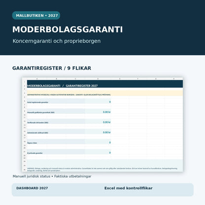 Excelregister för moderbolagsgarantier 2027 med nio flikar och administrativ dashboard