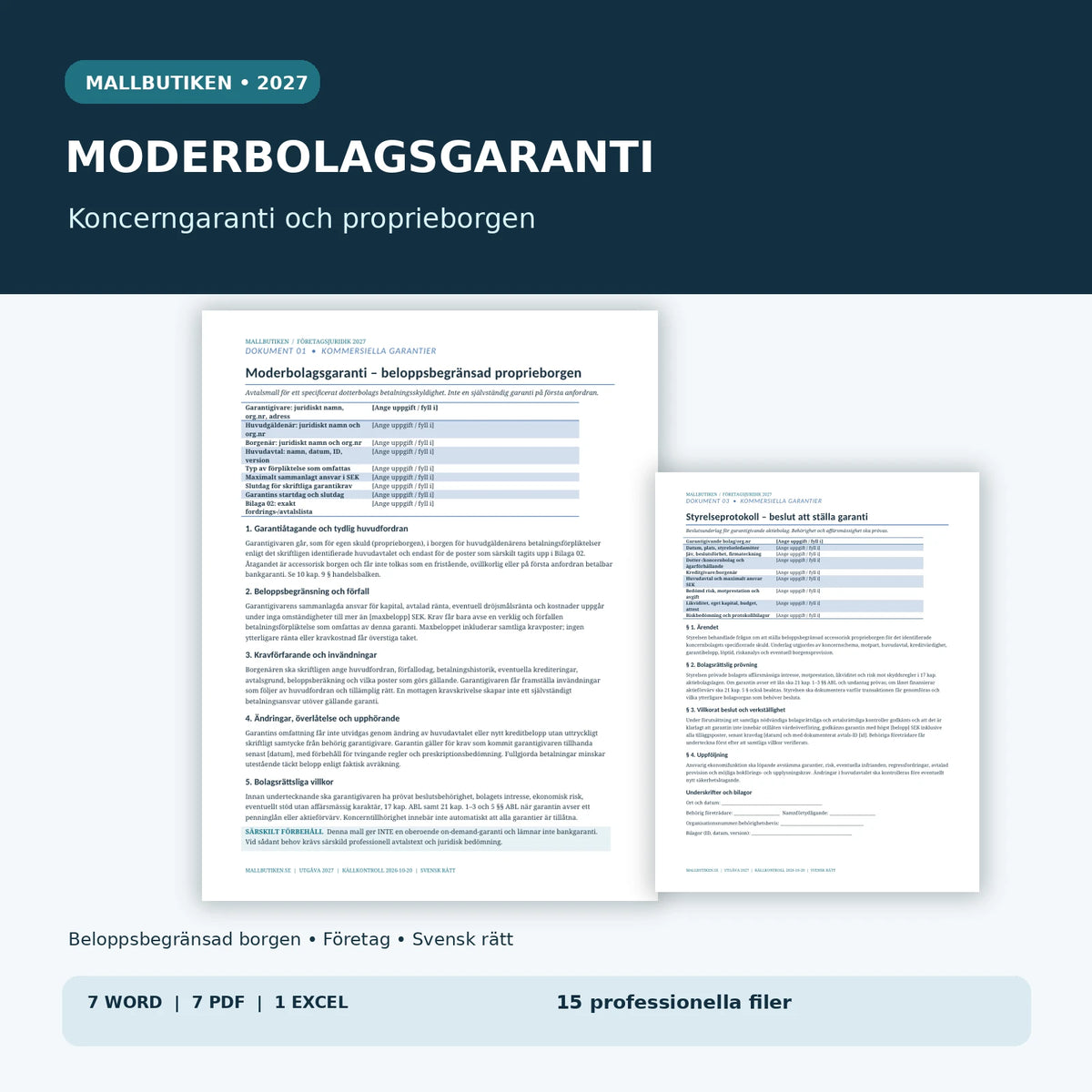 Moderbolagsgaranti och koncerngaranti 2027 – 7 Word, 7 PDF och Excel för beloppsbegränsad proprieborgen