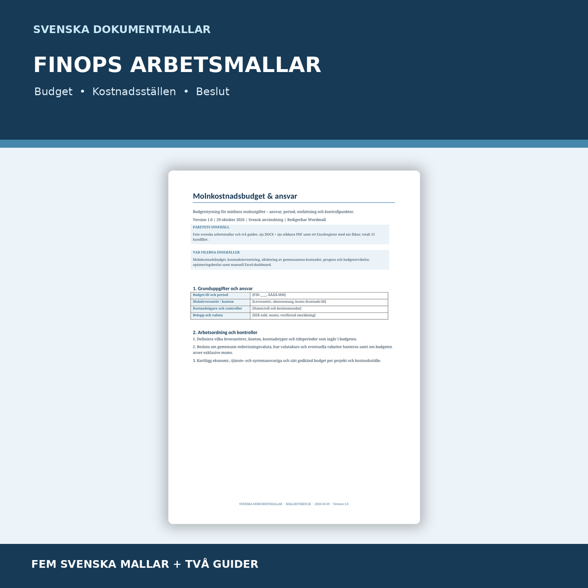 Fem svenska dokumentmallar för molnkostnadsbudget, FinOps-allokering, prognos och optimering