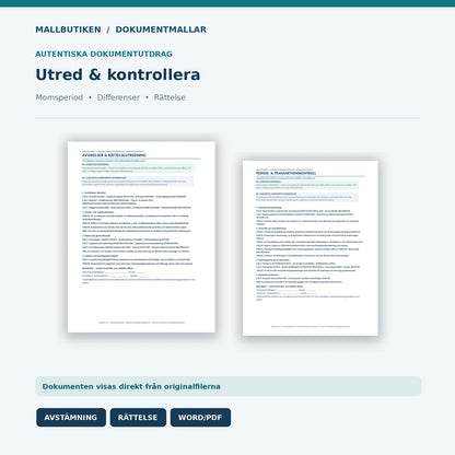 Dokumentutdrag ur momsavstämning, avvikelseutredning och periodkontroll i Word och PDF