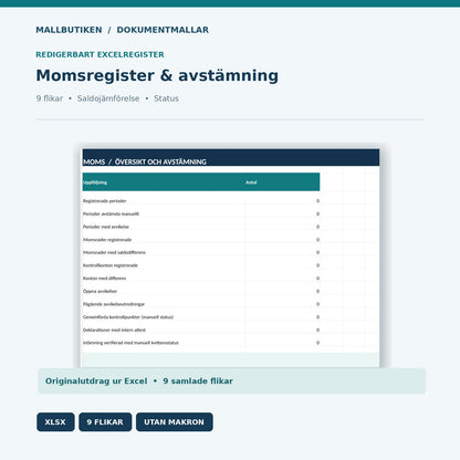 Excel momsavstämning nio flikar med momsrapport, differenser och kontrollstatus