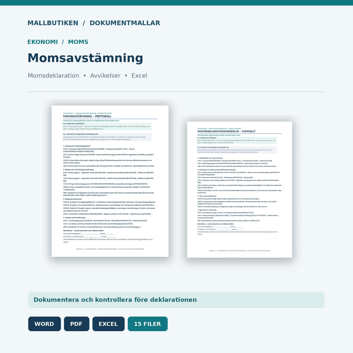 Momsavstämning och momsdeklarationsunderlag – dokumentmallar Word PDF Excel