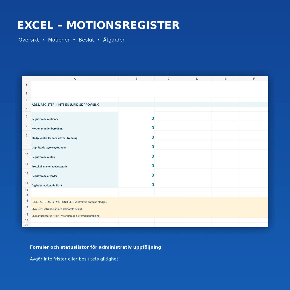 Motionsregister i Excel med nio flikar och formelstyrd översikt