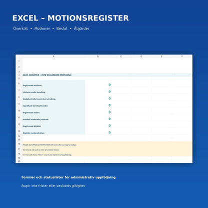 Motionsregister i Excel med nio flikar och formelstyrd översikt