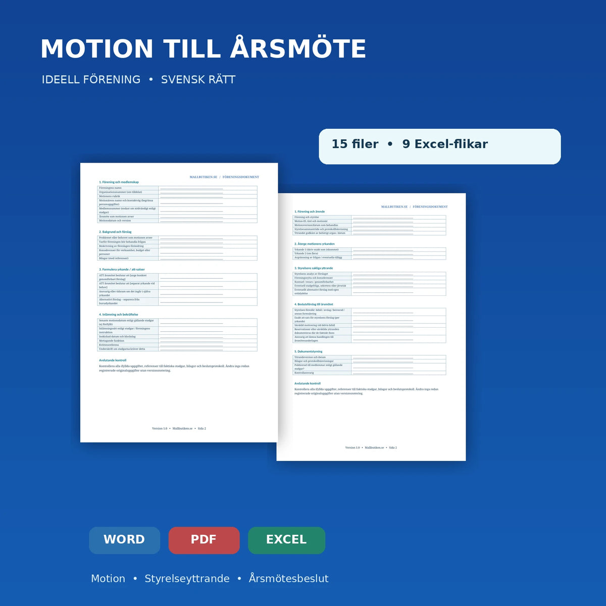 Motion till årsmöte – ideell förening, verkliga blanketter med Word, PDF och Excelregister