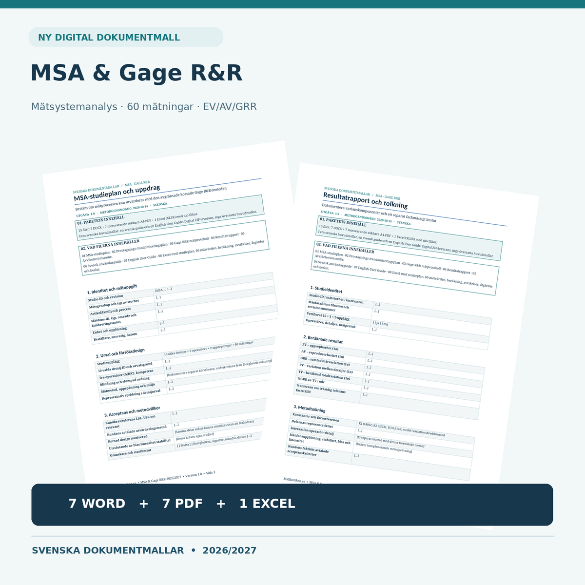 MSA Gage R&R – fem svenska huvudmallar, två guider och Excelverktyg