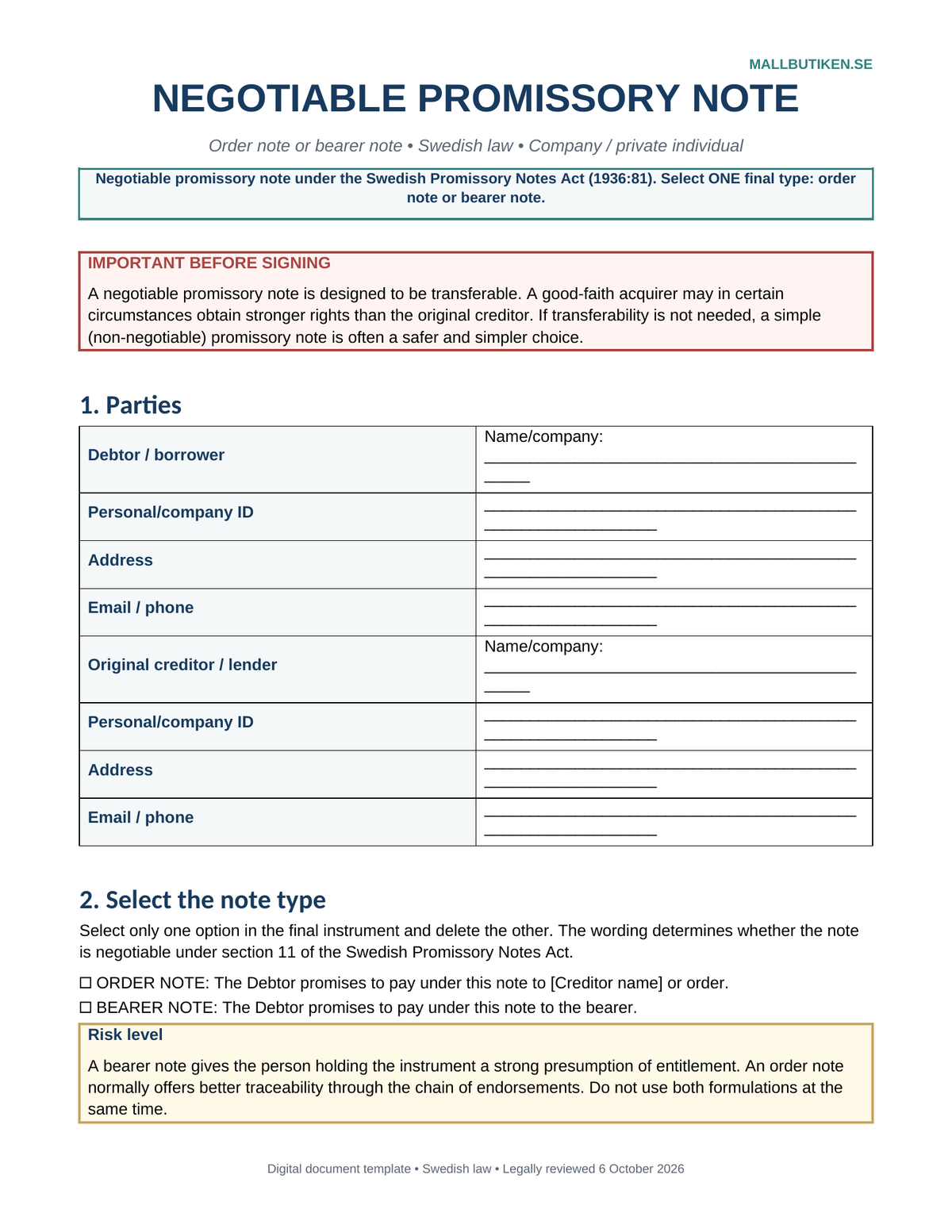 Preview of English negotiable promissory note template under Swedish law
