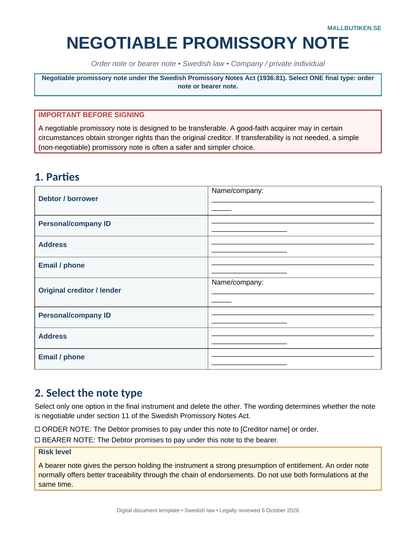Preview of English negotiable promissory note template under Swedish law
