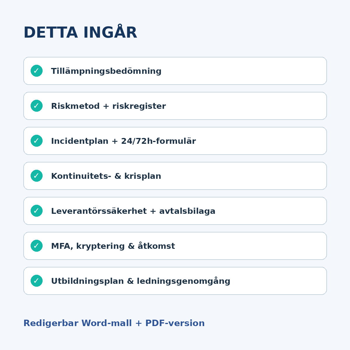 Innehåll i NIS2 mallpaket med riskregister incidentplan kontinuitetsplan och leverantörssäkerhet