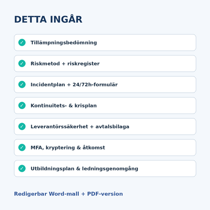 Innehåll i NIS2 mallpaket med riskregister incidentplan kontinuitetsplan och leverantörssäkerhet