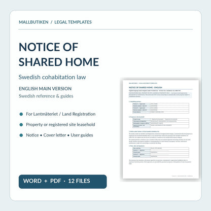 Notice of Shared Home English under Swedish law Word PDF with Swedish reference and guides