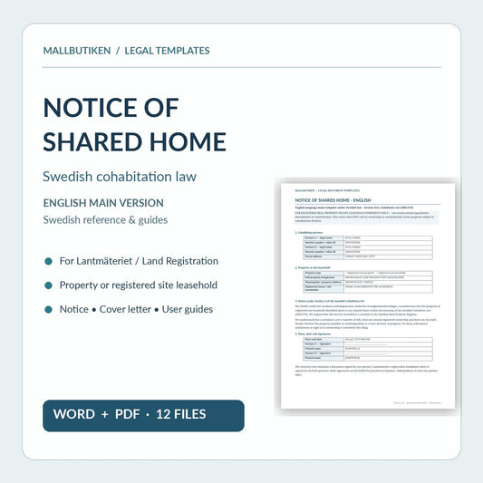 Notice of Shared Home English under Swedish law Word PDF with Swedish reference and guides