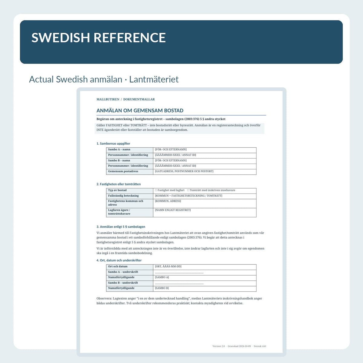 Swedish reference Anmälan om gemensam bostad actual Word PDF document preview