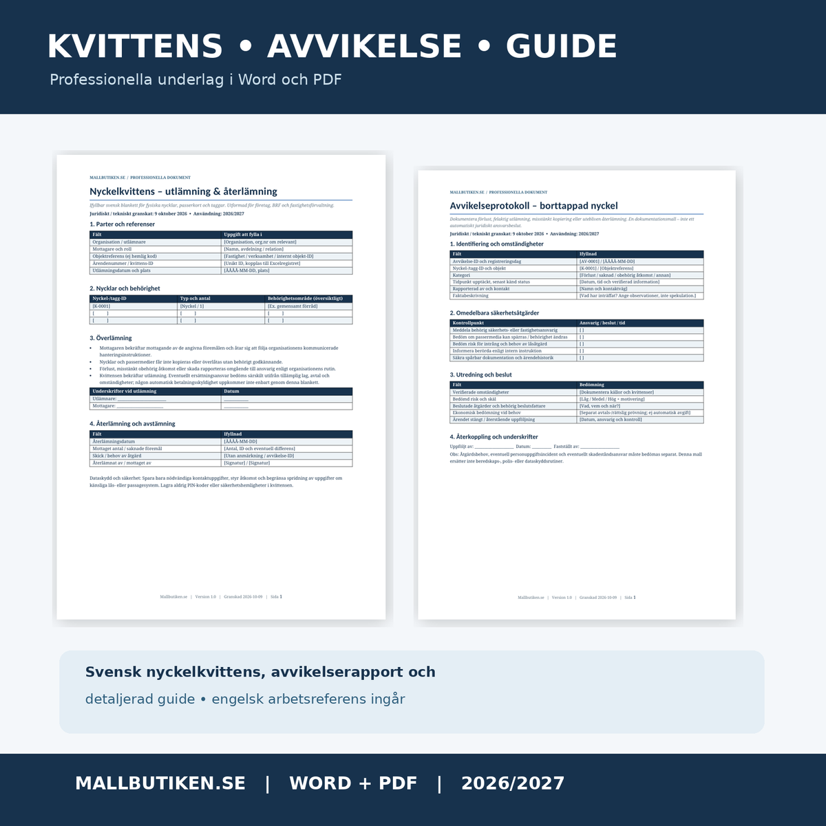 Nyckelkvittens och avvikelseprotokoll Word PDF med svensk guide