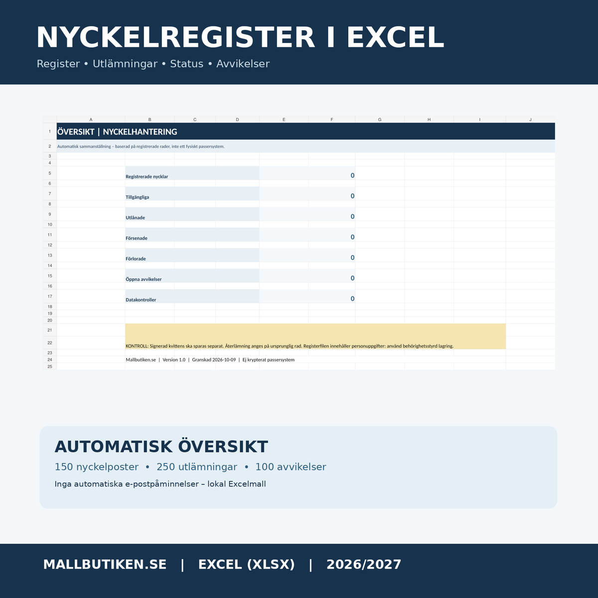 Nyckelregister Excel med dashboard för nyckelutlämning och återlämning