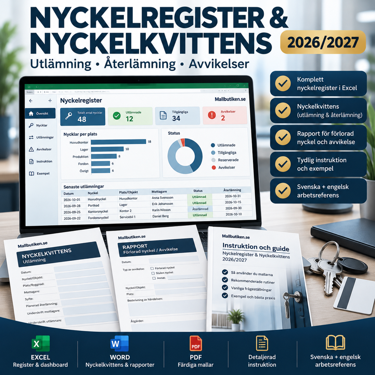 Nyckelregister och nyckelkvittens 2026/2027 Excel Word PDF mallpaket
