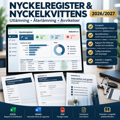 Nyckelregister och nyckelkvittens 2026/2027 Excel Word PDF mallpaket