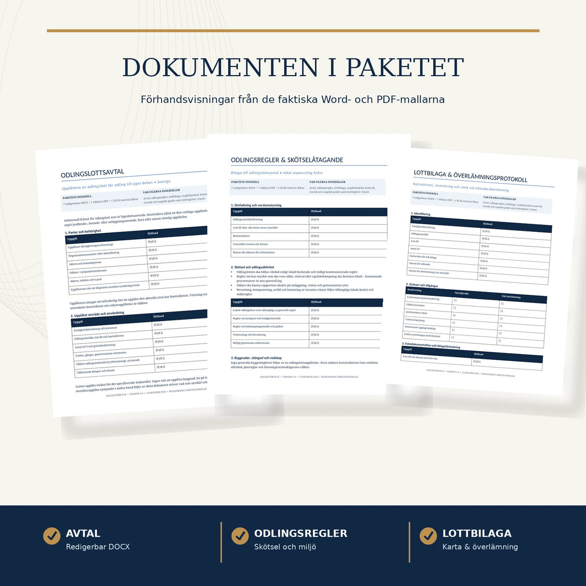Förhandsvisning av verkliga Word/PDF-mallar för odlingslottsavtal, skötselregler och lottbilaga