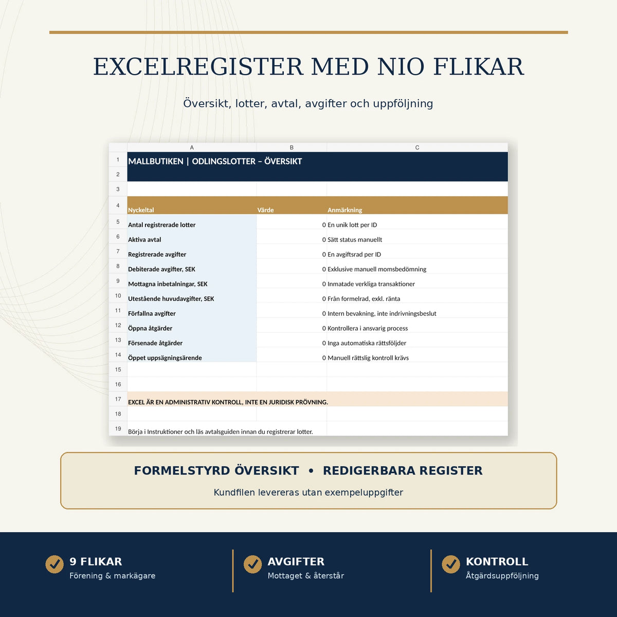 Excel register för odlingslotter med nio flikar, avgifter, inbetalningar och kontrolluppföljning