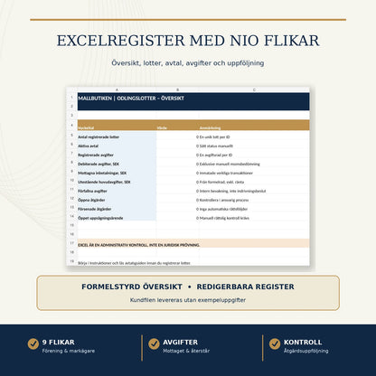 Excel register för odlingslotter med nio flikar, avgifter, inbetalningar och kontrolluppföljning