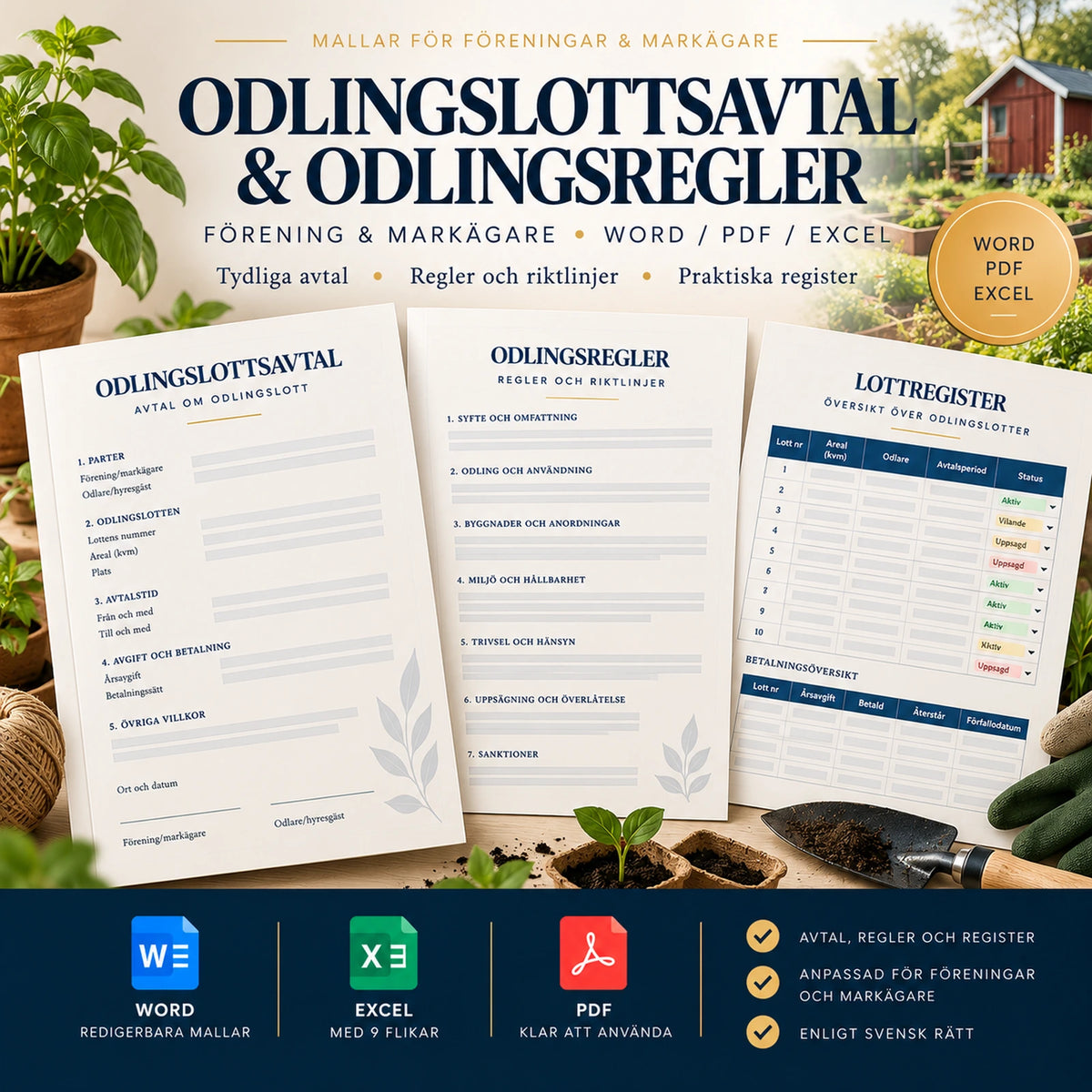 Odlingslottsavtal och odlingsregler förening markägare Word PDF Excel, mallpaket odlingslotter