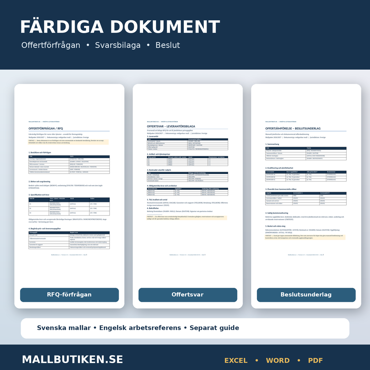 RFQ förfrågan offertsvar beslutsunderlag och användarguide Word PDF
