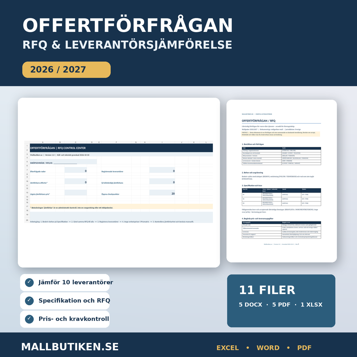 Offertförfrågan RFQ och leverantörsjämförelse 2026/2027 Excel Word PDF