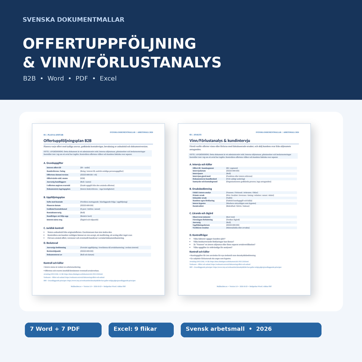 Offertuppföljning och vinn/förlustanalys B2B – professionella Word-, PDF- och Excelmallar