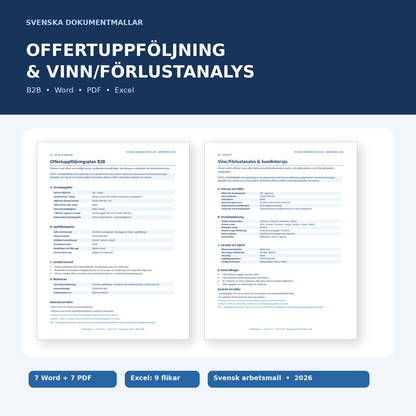Offertuppföljning och vinn/förlustanalys B2B – professionella Word-, PDF- och Excelmallar