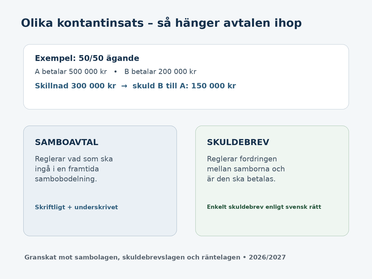 Olika kontantinsats 50 50 sambo skuldebrev och samboavtal 2026/2027