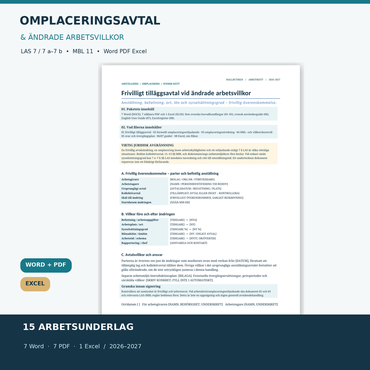 Omplaceringsavtal och ändrade arbetsvillkor 2027 i Word PDF Excel – dokumentförhandsvisning