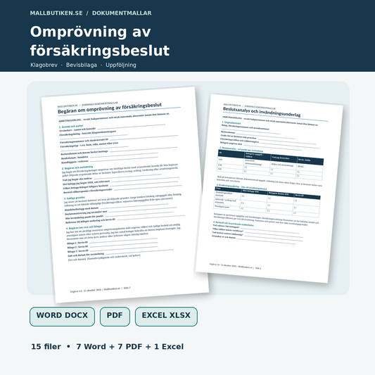 Omprövning av försäkringsbeslut, förhandsvisning av Wordmall och beslutsanalys med DOCX PDF Excel