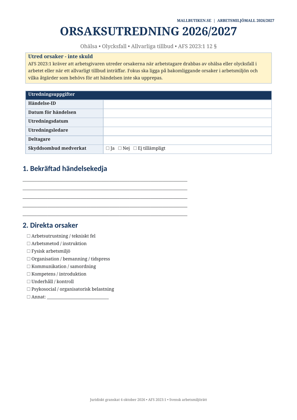 Orsaksutredning arbetsmiljöhändelse tillbud olycka 2026/2027