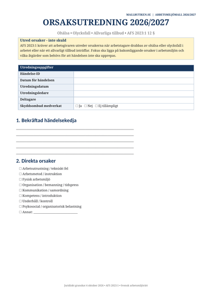 Orsaksutredning arbetsmiljöhändelse tillbud olycka 2026/2027
