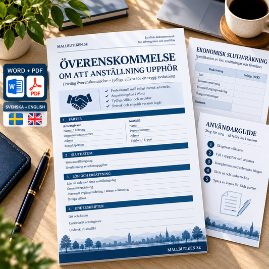 Överenskommelse om att anställning upphör – Word/PDF och guide enligt svensk rätt