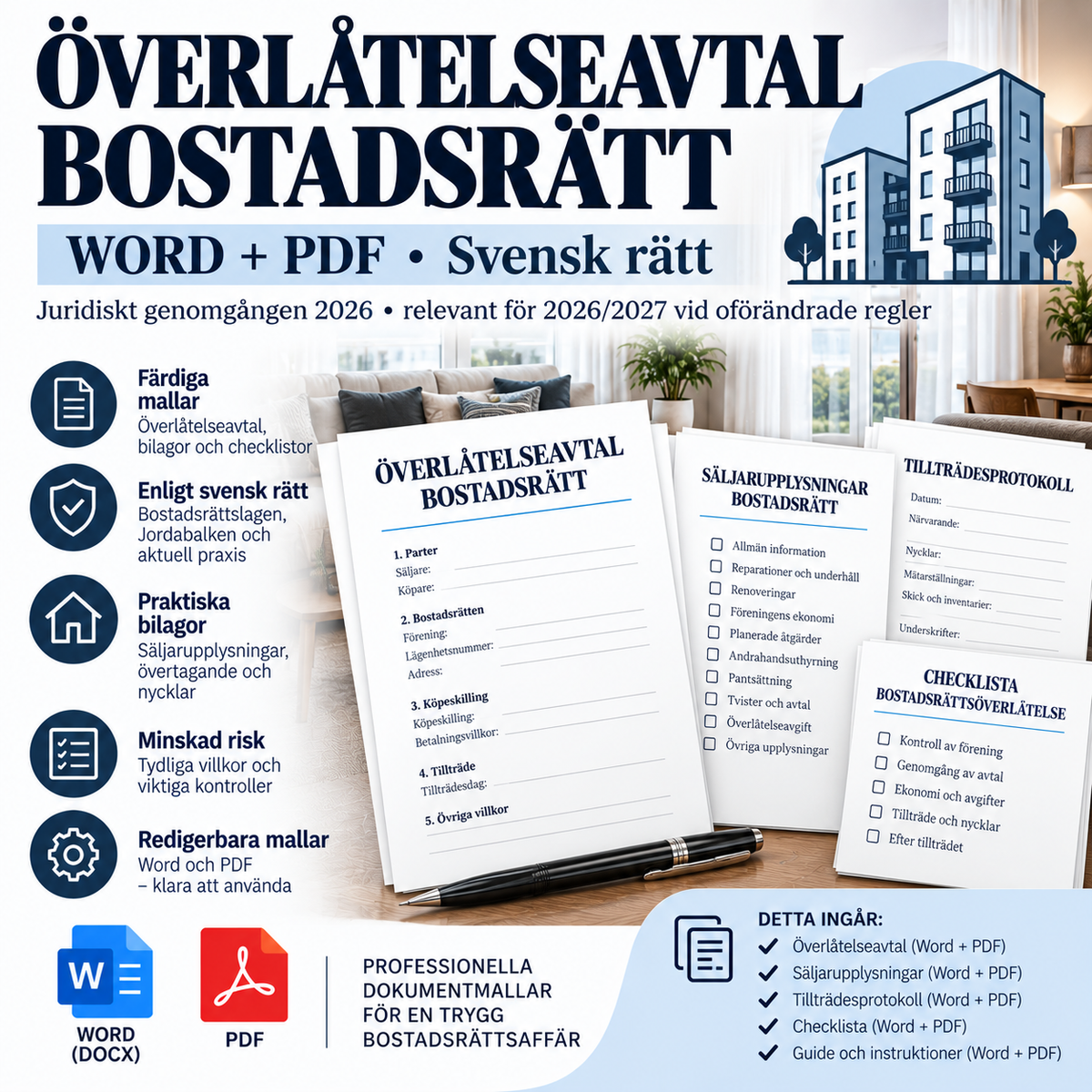 Överlåtelseavtal Bostadsrätt mallpaket – Word och PDF