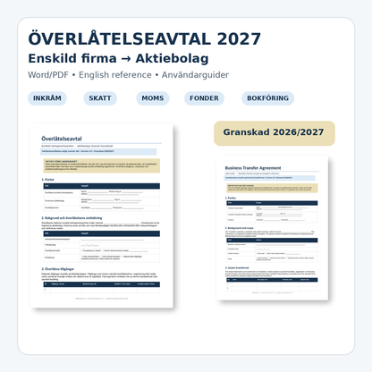 Överlåtelseavtal enskild firma till aktiebolag 2027 – Word/PDF med skatt, moms, fonder och English reference