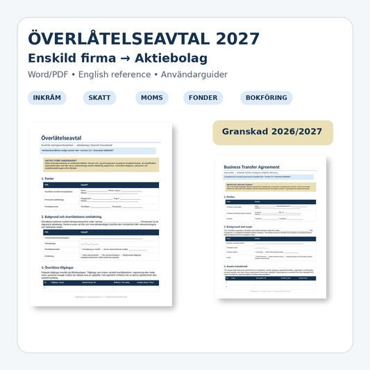 Överlåtelseavtal enskild firma till aktiebolag 2027 – Word/PDF med skatt, moms, fonder och English reference