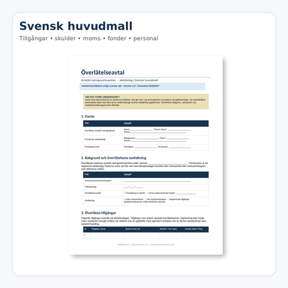 Förhandsvisning av svensk överlåtelseavtal mall för enskild firma till aktiebolag