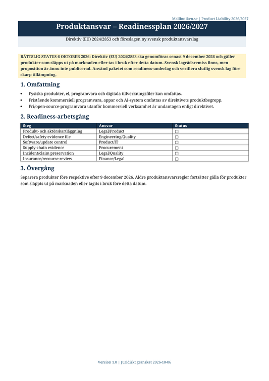 Produktansvar Readinessplan 2026/2027 – förhandsvisning