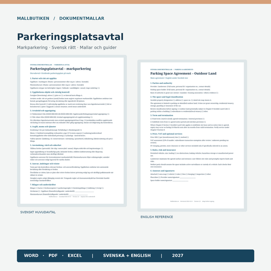 Parkeringsplatsavtal för markparkering – svenska och engelska Word/PDF-mallar, Excel och guider