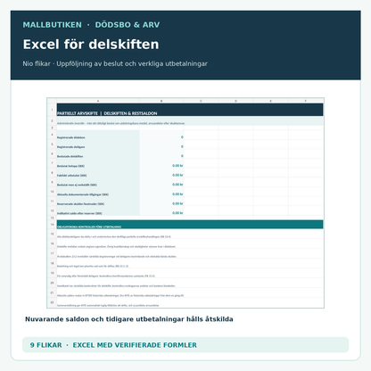Excelregister för delskifte med nio flikar för beslutade delutbetalningar och verkliga utbetalningar