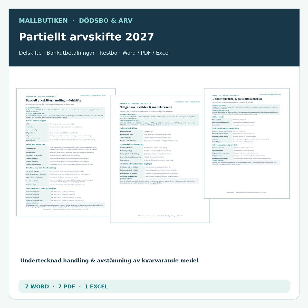 Partiellt arvskifte 2026/2027 – verkliga Word PDF Excel mallar för delskifte av dödsbo