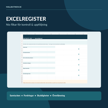 Excel partsbytesregister med nio flikar för avtal, samtycken, fordringar, skyldigheter och överlämning