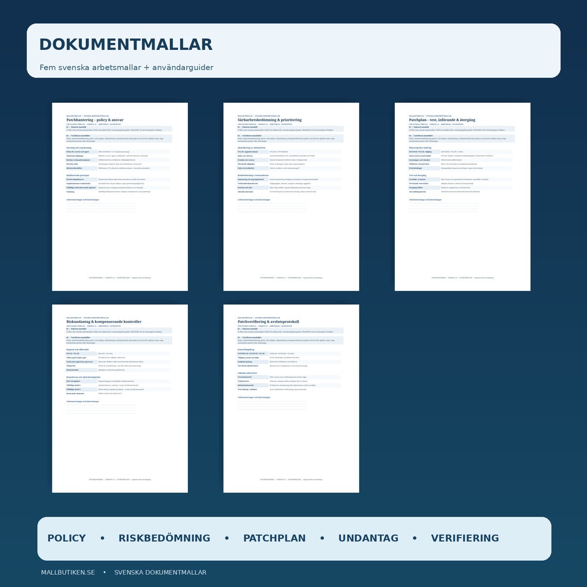 Förhandsvisningar av Word och PDF mallar för sårbarhetsbedömning och patchplan