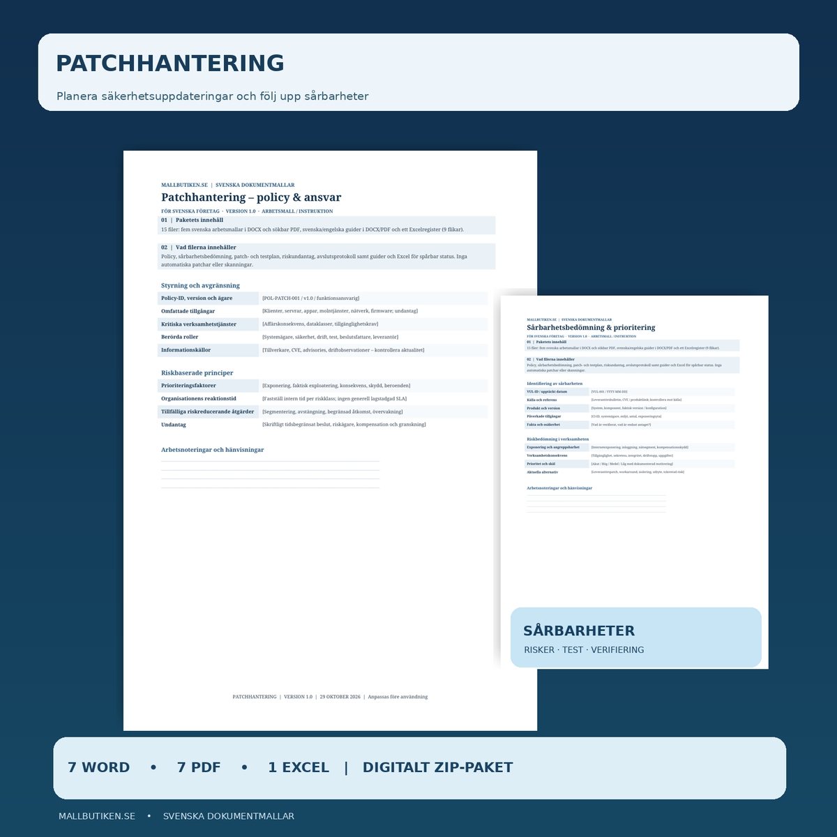 Patchhantering och Sårbarhetsregister – svensk mall i Word PDF och Excel