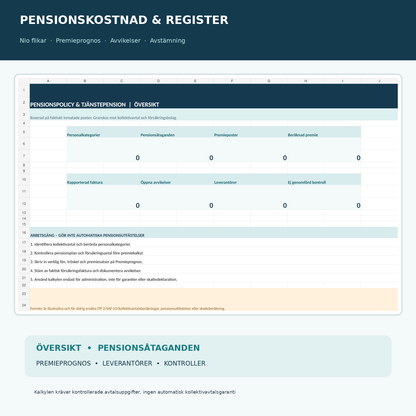 Excel pensionskostnad och tjänstepension nio flikar med översikt, premieprognos och avvikelser