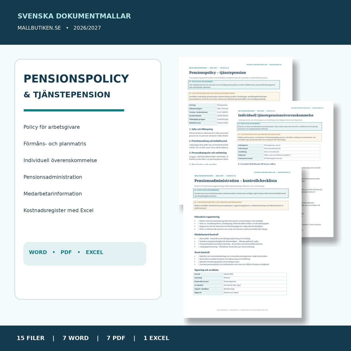 Pensionspolicy och tjänstepension mall 2026/2027 – Word PDF Excel med autentiska dokumentförhandsvisningar