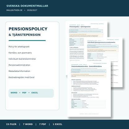 Pensionspolicy och tjänstepension mall 2026/2027 – Word PDF Excel med autentiska dokumentförhandsvisningar